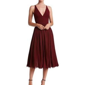 Dress The Population Burgundy Alicia Chiffon Fit & Flare Midi Dress Size Small
